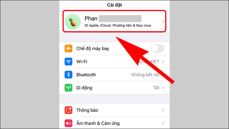 Nhấn vào tên của bạn trong Cài đặt